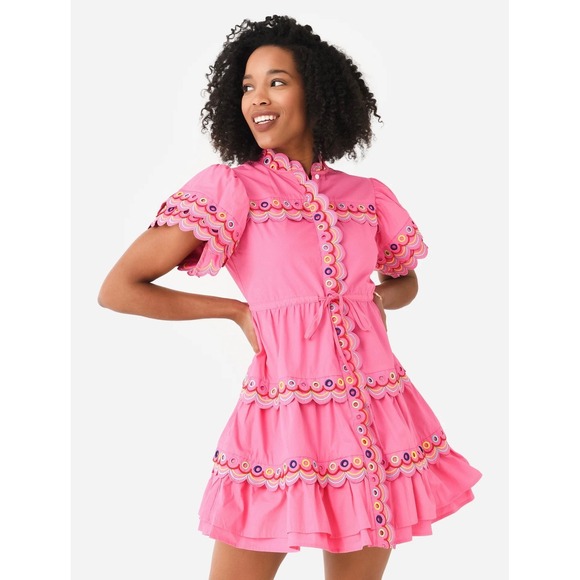 Celia B Dresses & Skirts - Celia B Marilla Dress Pink Embroidered Scalloped Eyelet Tiered Mini Dress XS